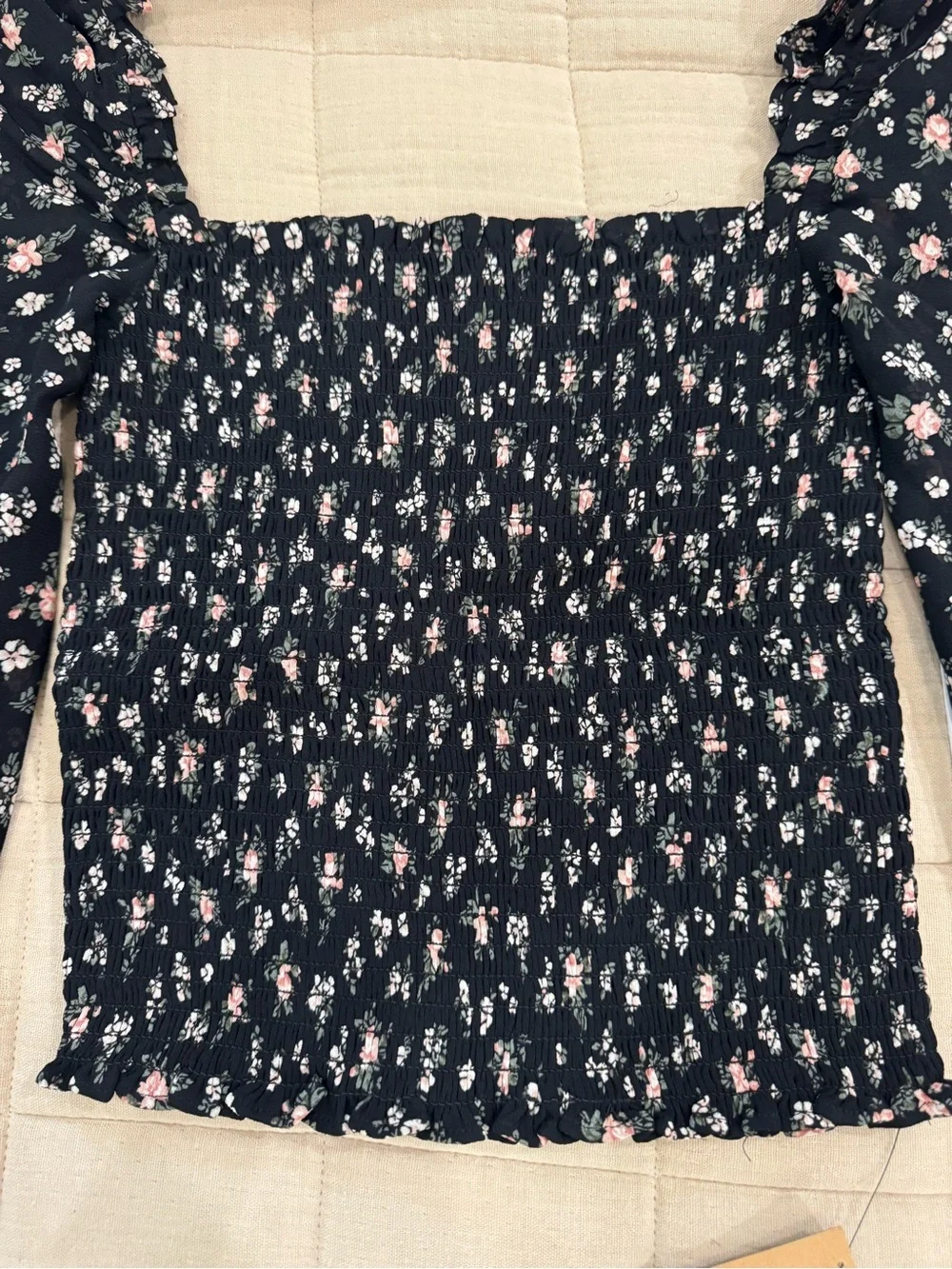 NWT Reformation Smocked Floral Long-Sleeve Top - Black